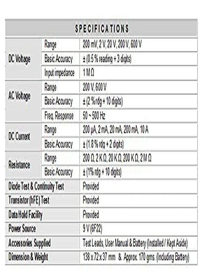 VAR TECH Digital Multimeter V MAS 830 LB, 3½ Digits (2000 Counts), 600 V AC/DC, with Backlight - Image 3